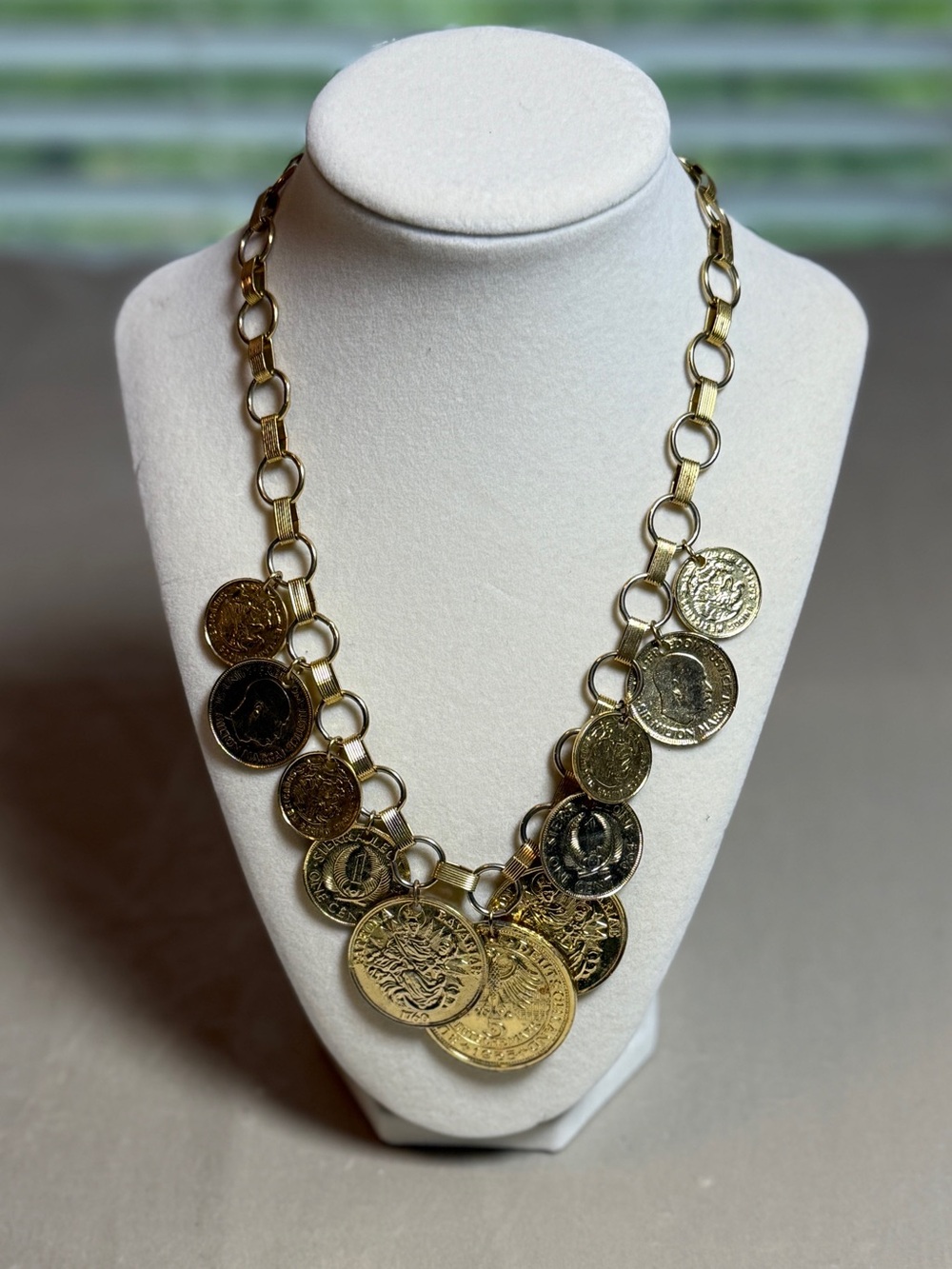 Gold Tone European Coin Charm Statement Necklace Medallion 18.5”